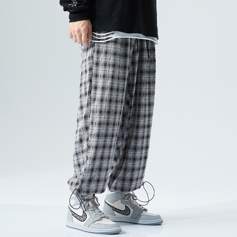 Quần ống rộng họa tiết sọc caro plus size phong cách Nhật Bản cho nam size L-8XL