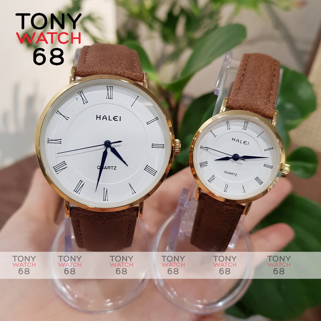 Đồng hồ cặp đôi nam nữ Halei kim xanh mặt trắng dây da nâu chính hãng Tony Watch 68