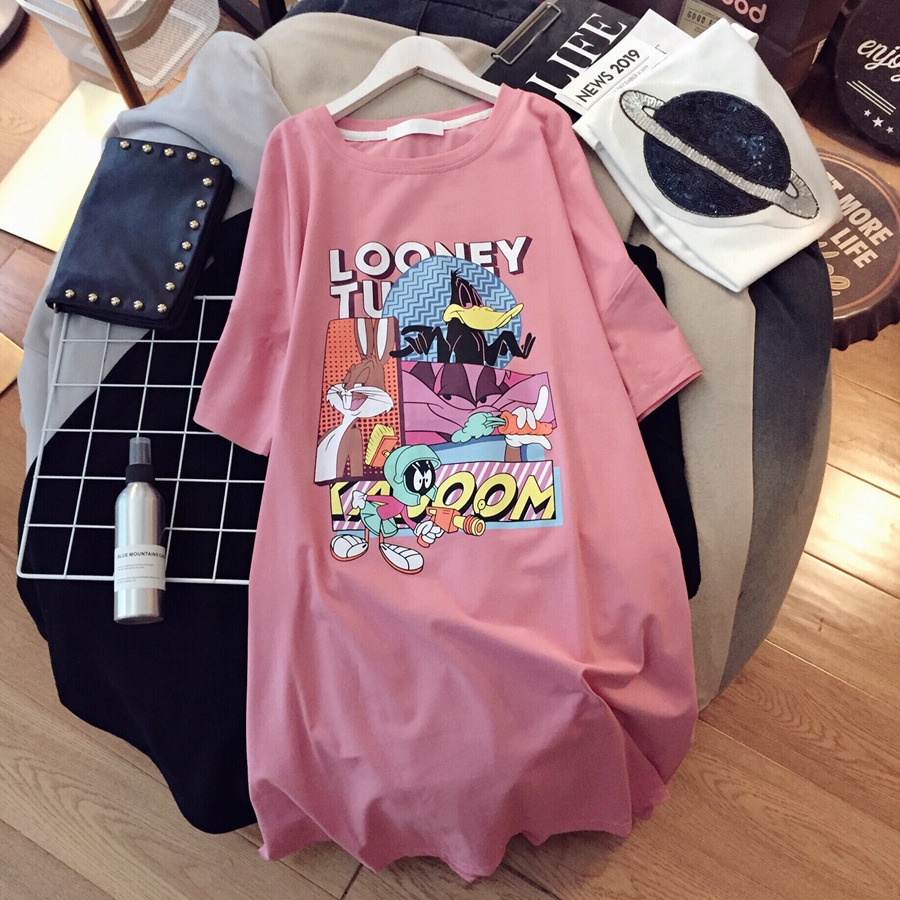 Đầm Suông Váy Dài Form Rộng Tay Lỡ Cổ Tròn In Hình Chất Các Nhân Vật Hoạt Hình Đáng Yêu Cotton Co Dãn Mềm Mát TTDS0500