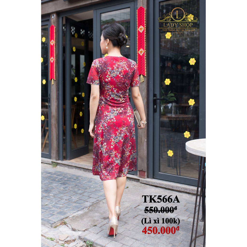 Đầm trung niên Thời trang Quý bà cao cấp Ladyshop Đầm thun lưới xòe cúc bọc TK566