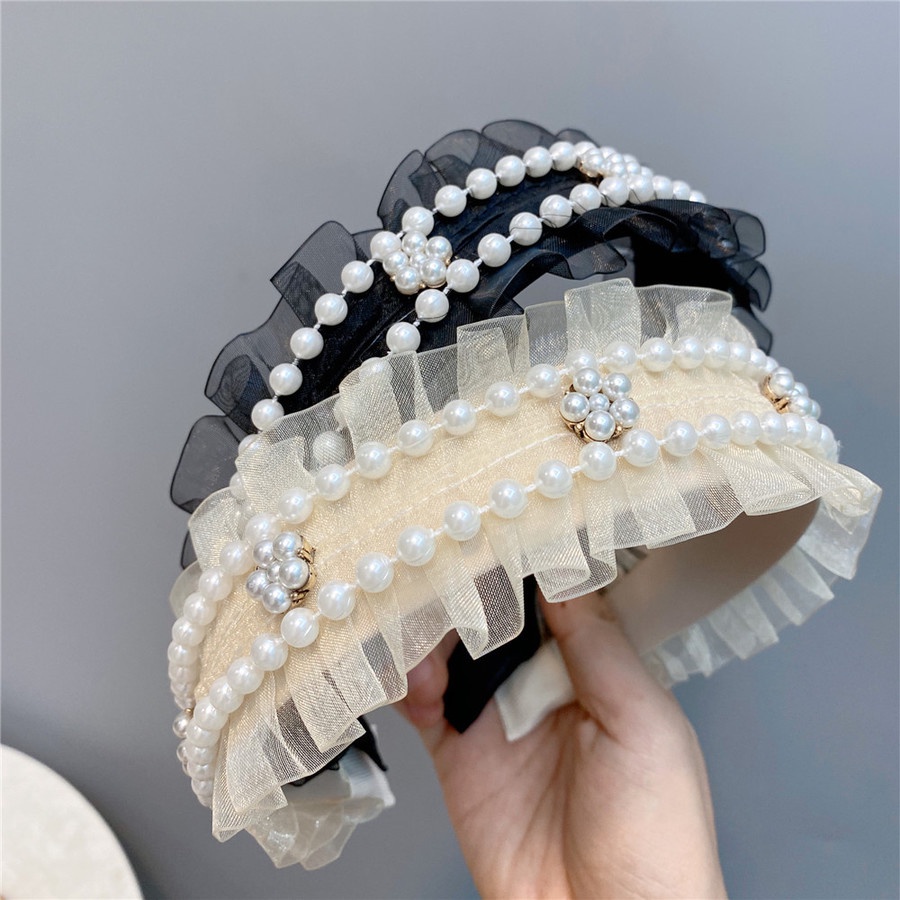 Băng đô bản rộng phối ren đính ngọc trai nhân tạo phong cách Hàn Quốc