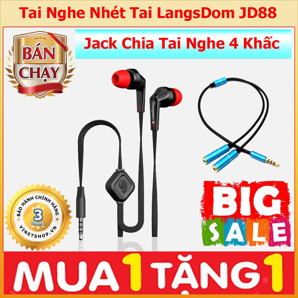 Tai nghe nhét tai earphone Langsdom JD88 tặng kèm Jack chia tai nghe 1 ra 2