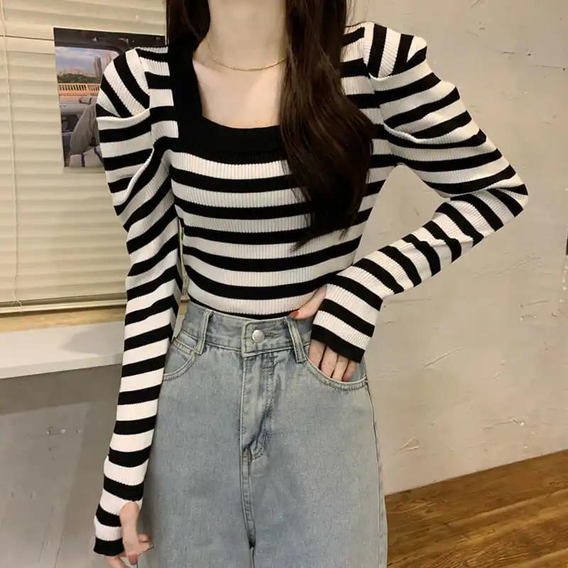 Jiashucheng Áo Sweater Cổ Vuông Thời Trang Thu Đông Phong Cách Mới Cho Nữ