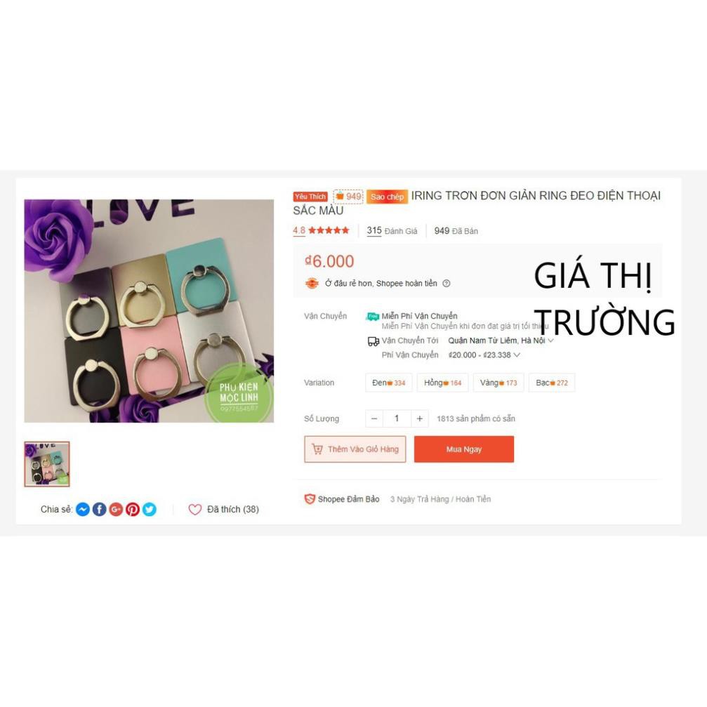 [DEAL 1K] Giá đỡ điện thoại IRING chiếc nhẫn Ring móc dán smartphone iPhone, Samsung, Xiaomi, Oppo