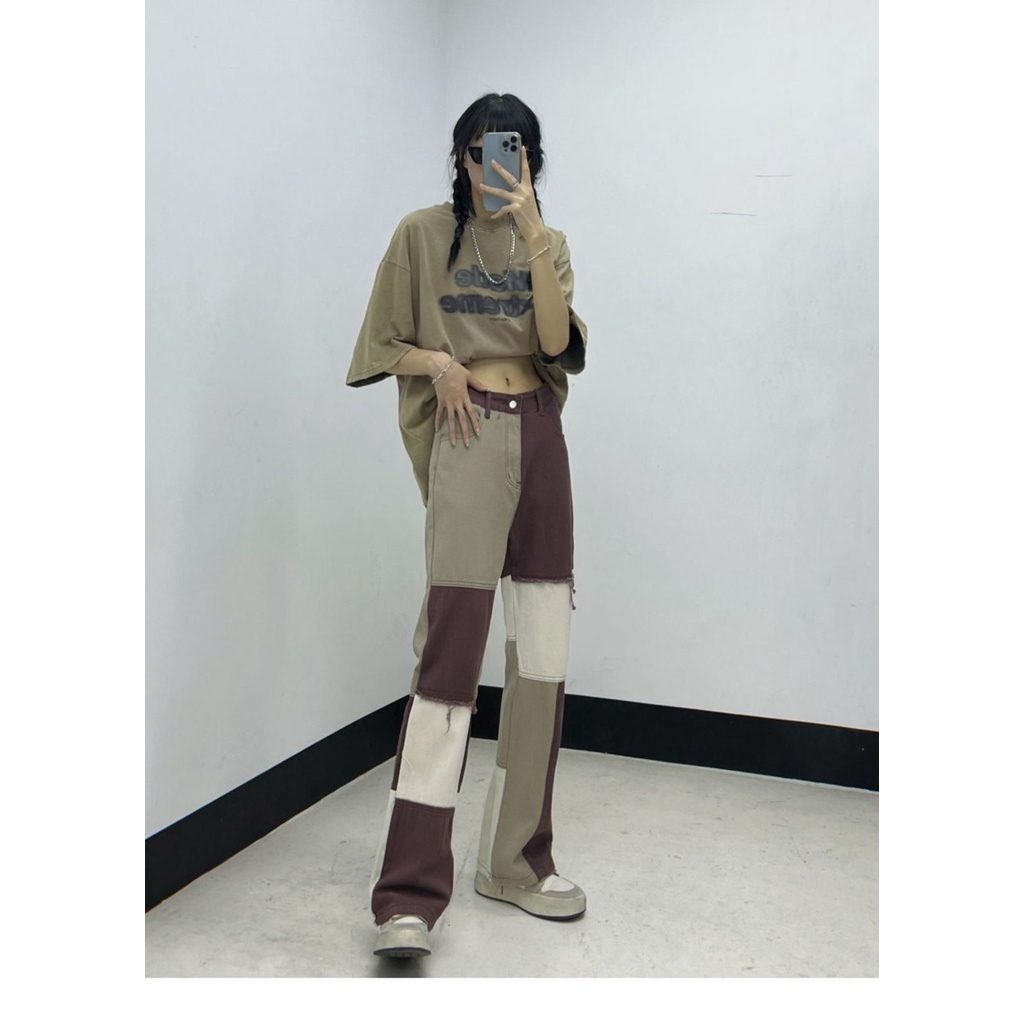 Quần jean dài dáng rộng màu sắc tương phản phong cách retro mỹ thời trang cho nam và nữ