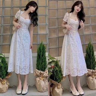 Đầm midi hoa nổi cổ u nhíu ngực