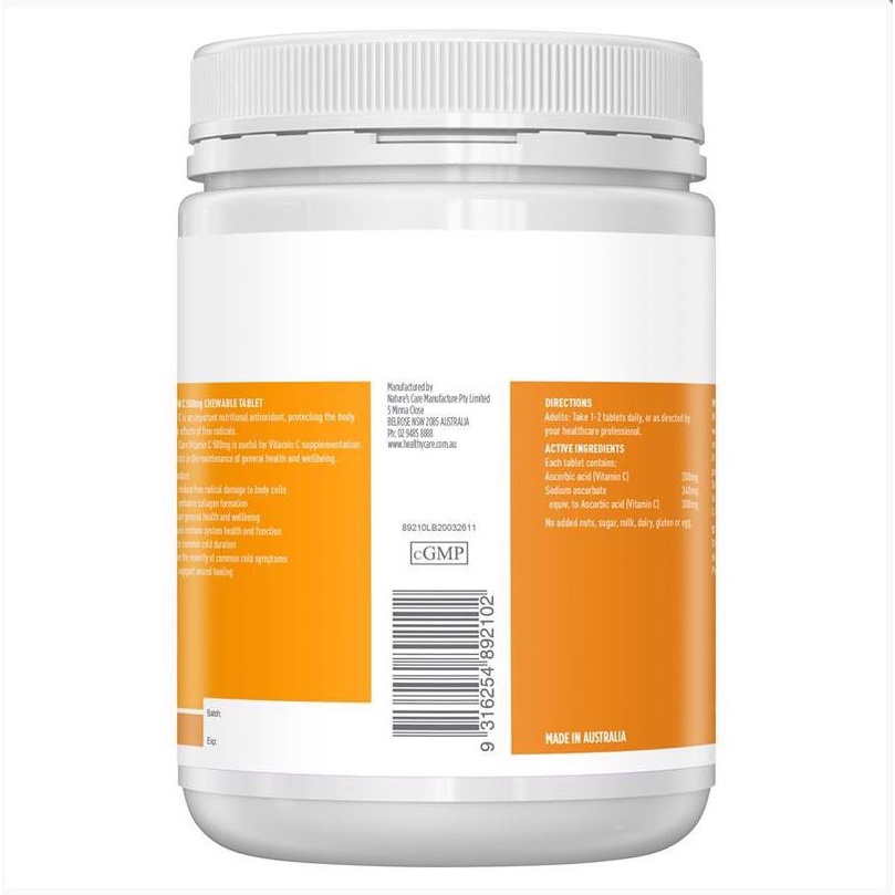 Viên C Nhai Vitamin C 500mg 500 viên, Viên Nhai Zinc Healthy Care Tăng Đề Kháng, Làm Sáng Da 500 viên