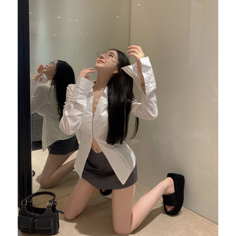 Áo kiểu COZOKC tay dài cổ sơ mi dáng ôm thời trang trẻ trung