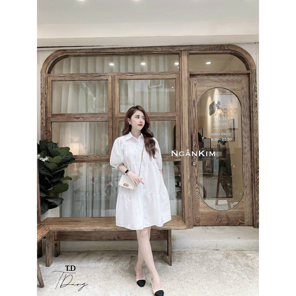 Váy bầu công sở thời trang Aidenshop đầm bầu suông thô lụa mát cộc tay cổ đức màu trắng mùa hè 2021