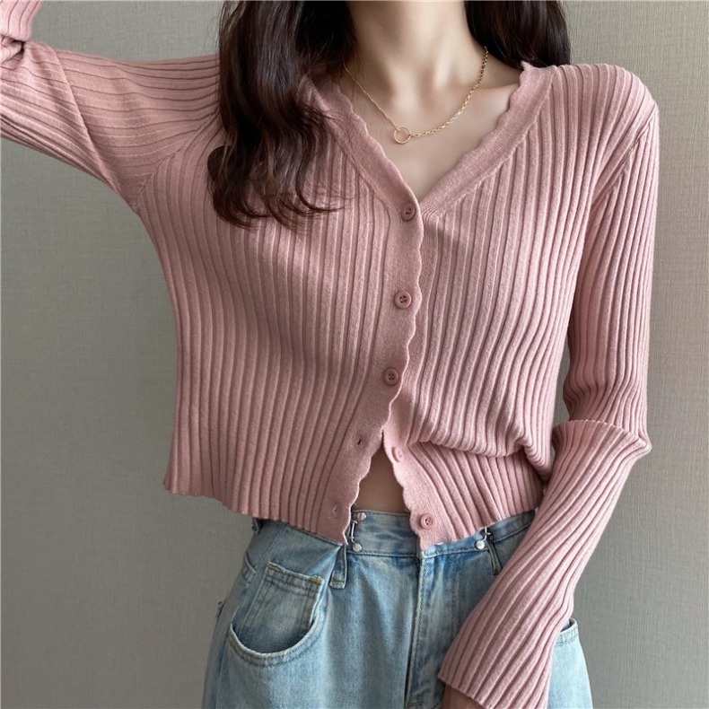 Áo cardigan dệt kim ZHELIHANGFEI tay dài cổ chữ V dáng ôm phong cách gợi cảm