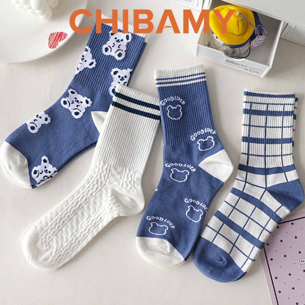 Tất vớ nữ Hàn Quốc cổ cao GẤU XANH phong cách vintage nhiều họa tiết kết hợp giày búp bê, giày thể thao CHIBAMY
