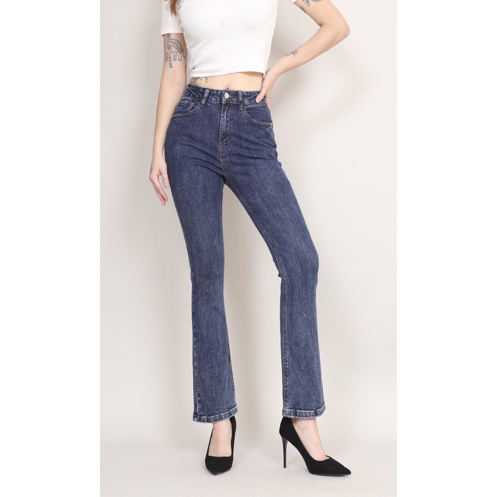 Quần Jean Nữ Ống Loe xanh đá Lưng Cao Co Giãn Trơn  Gấu Thường  CT Jeans