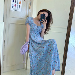(ORDER) Váy hoa nhí xanh maxi dáng dài cổ vuông xẻ tà Vintage điệu đà mùa hè 2020 (MẪU MỚI 2020)