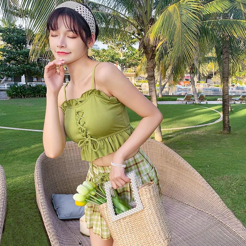 Bộ Đồ Bơi Eo Cao Họa Tiết Sọc Caro Dễ Thương Phong Cách Hàn Quốc Cho Nữ
