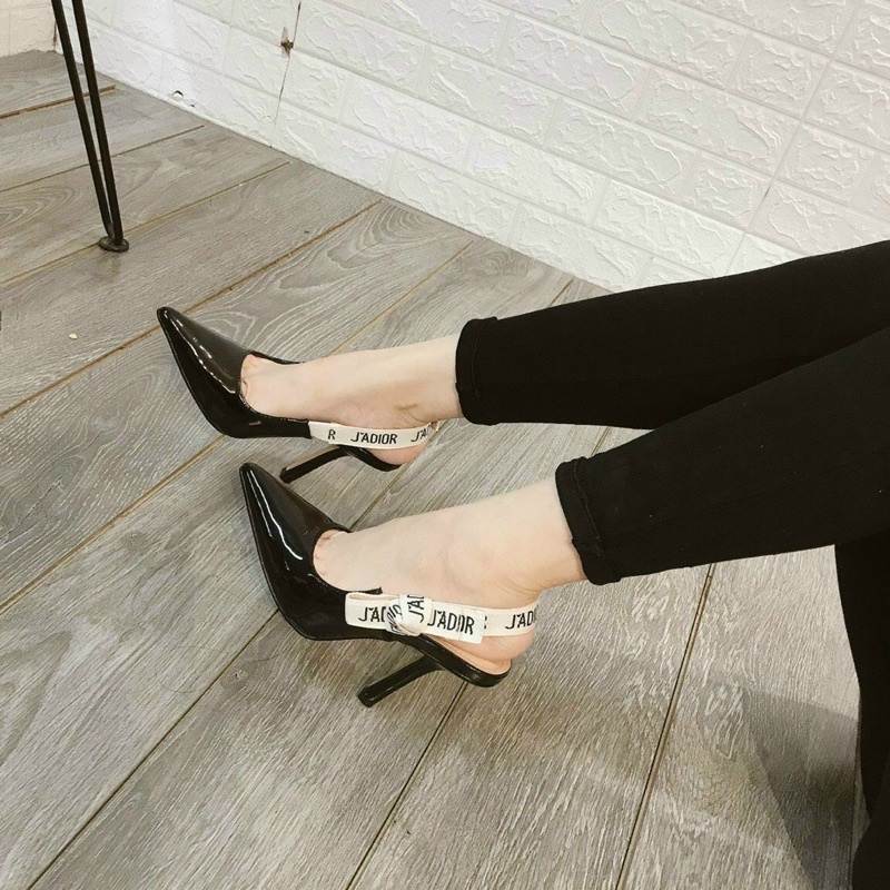 Sandal jadior đen nơ quai sau gót nhọn cao fullbox