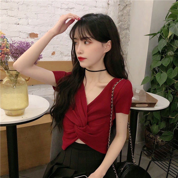 Áo Thun Dệt Kim Tay Ngắn Thiết Kế Đan Chéo Quyến Rũ Thời Trang Mùa Hè Cho Nữ