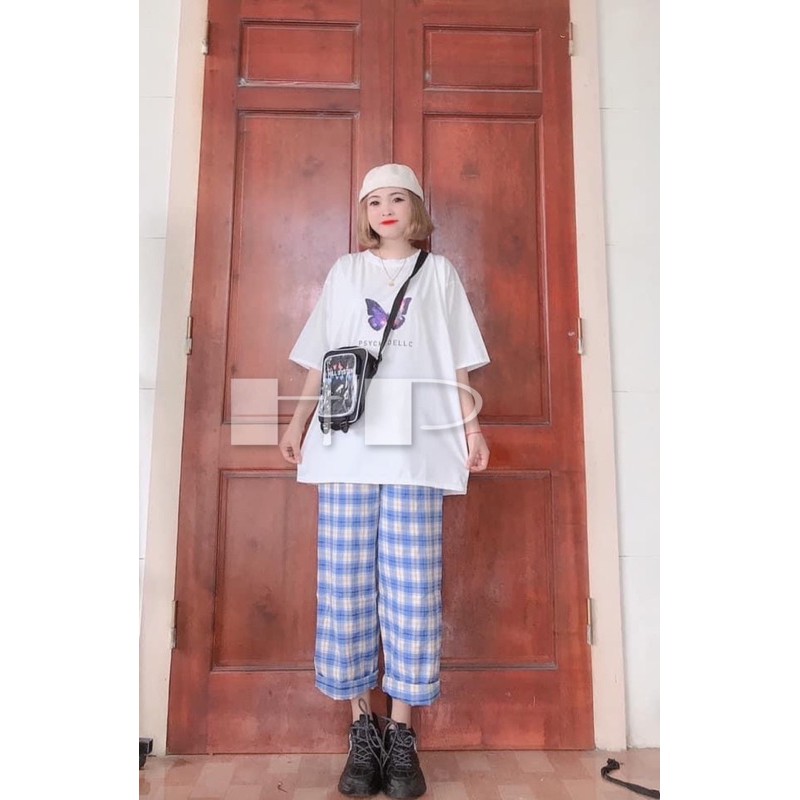 Sét áo in hình cộc tay + quần kẻ xanh TH6