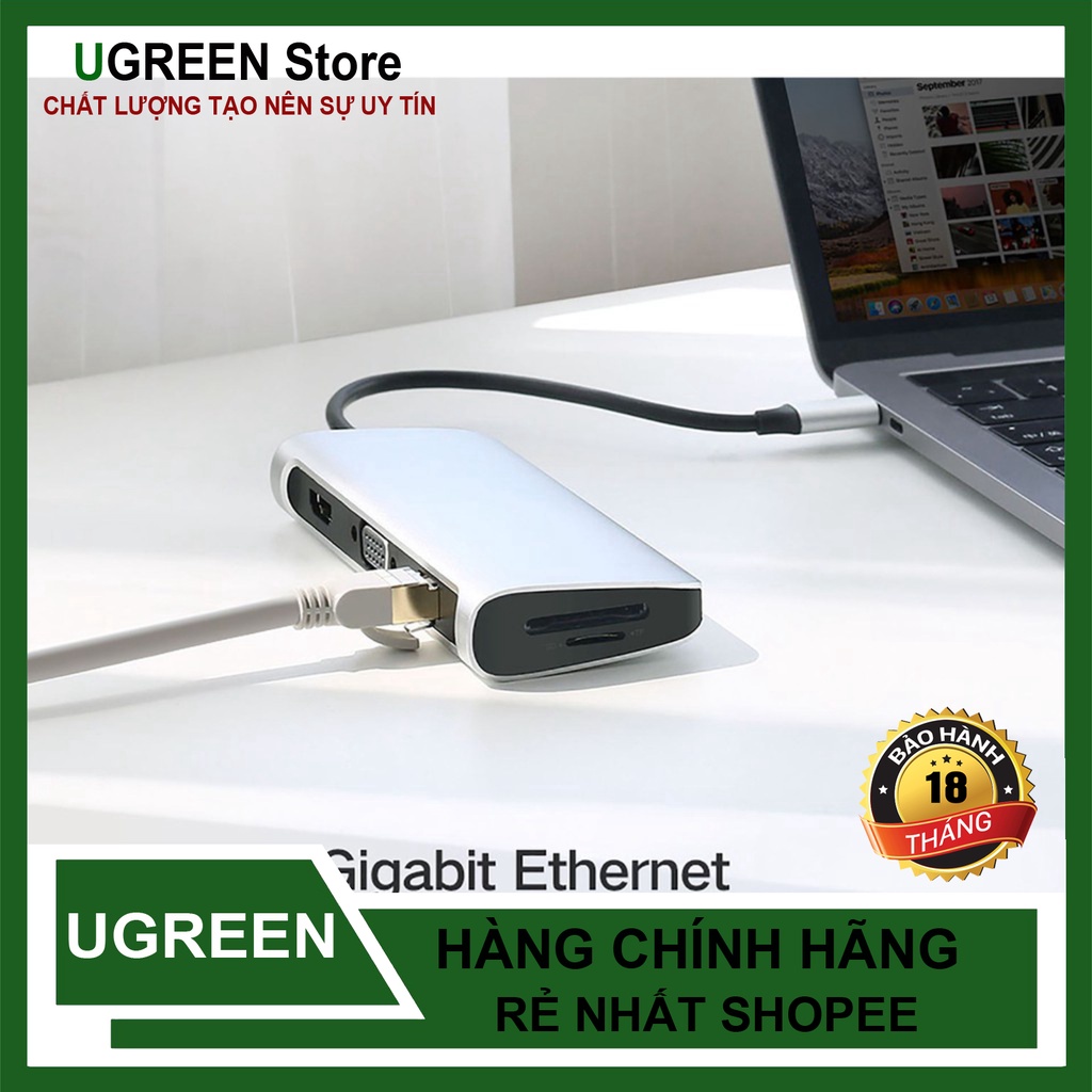 Bộ Chuyển USB Type C To 9 Cổng HDMI / Vga / USB 3.0 / Lan / TF &amp; SD Cao Cấp Ugreen 40873