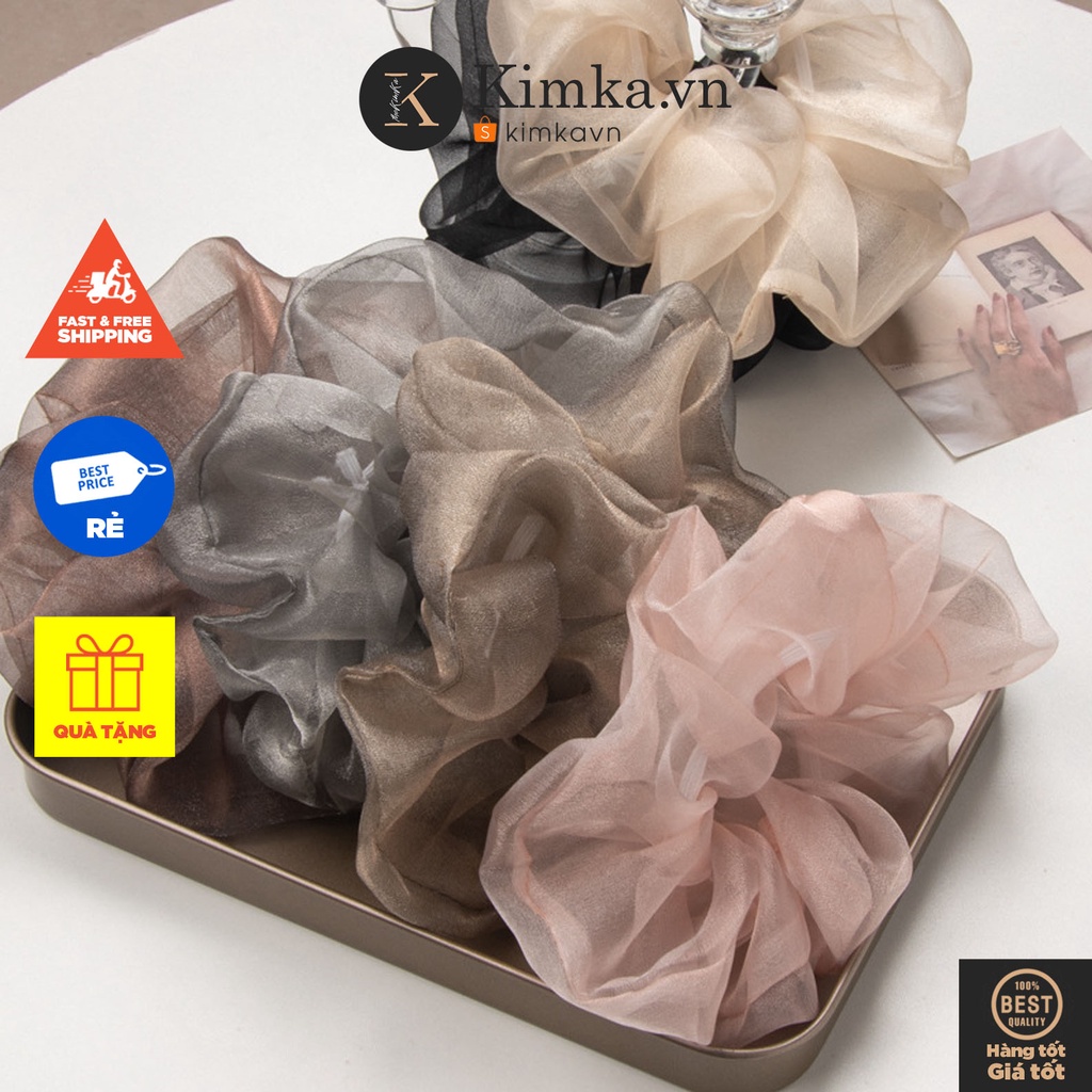 Dây Chun Scrunchies Vải Voan Kính Ánh Bản To Cổ Điển