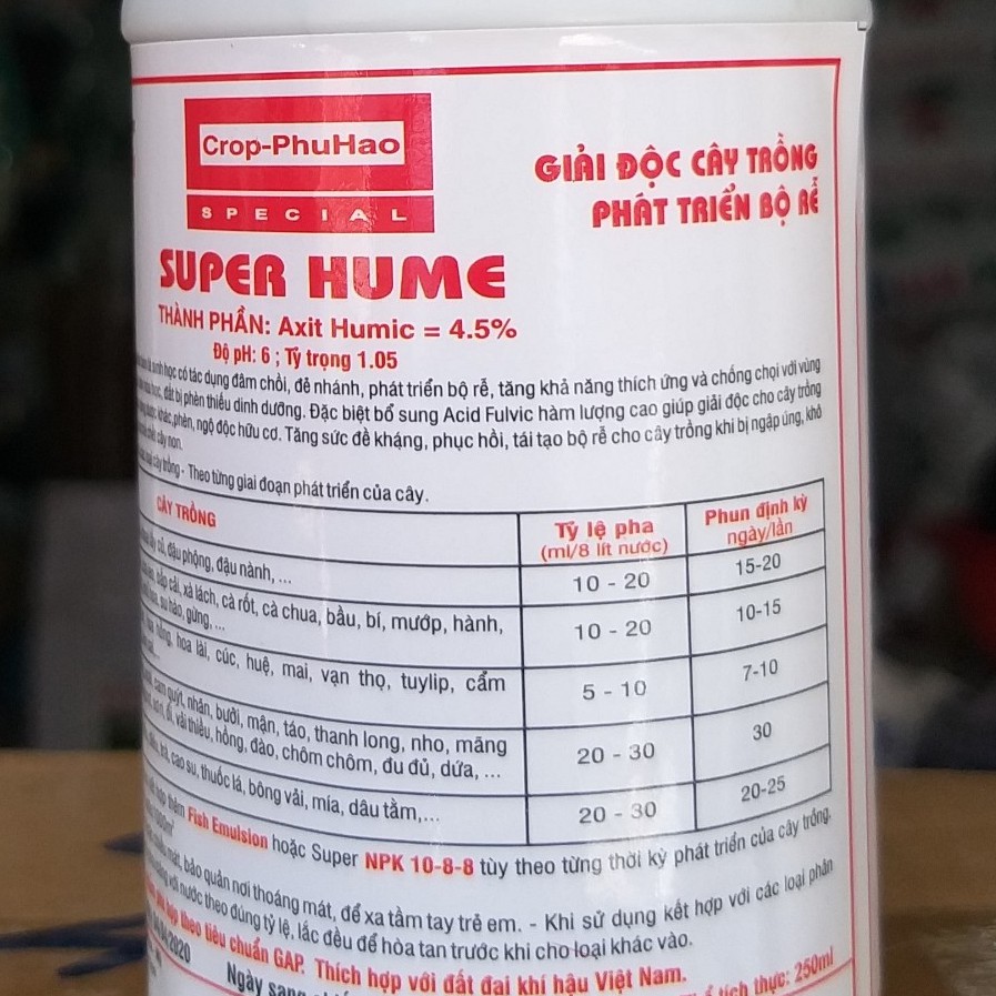 Phân Bón Lá Axit Humic SUPER HUME (250ml), Acid Humic Sinh Học