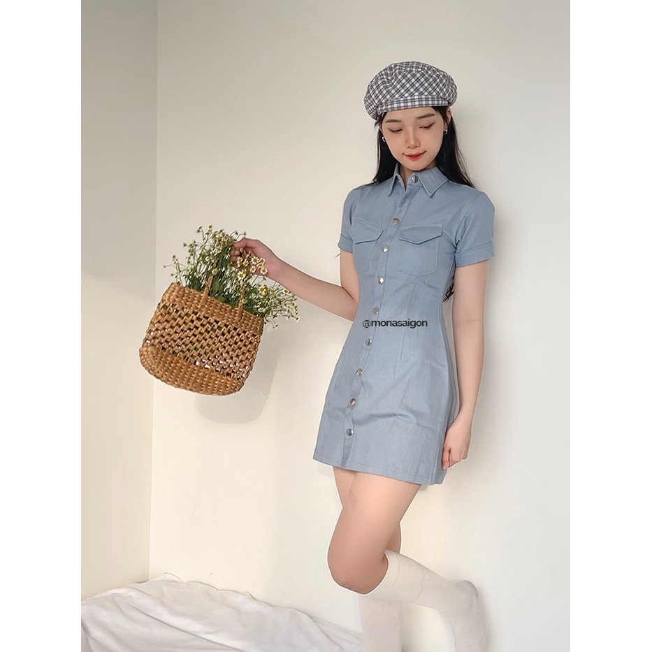 MONÁ - Đầm dáng suông cổ sơmi xanh blue jeans có túi - HEBE DRESS