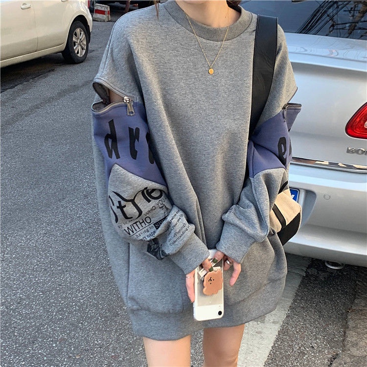 Áo Sweater Tay Dài Dáng Rộng Có Khóa Kéo In Họa Tiết Phong Cách Hàn Quốc Cho Nữ