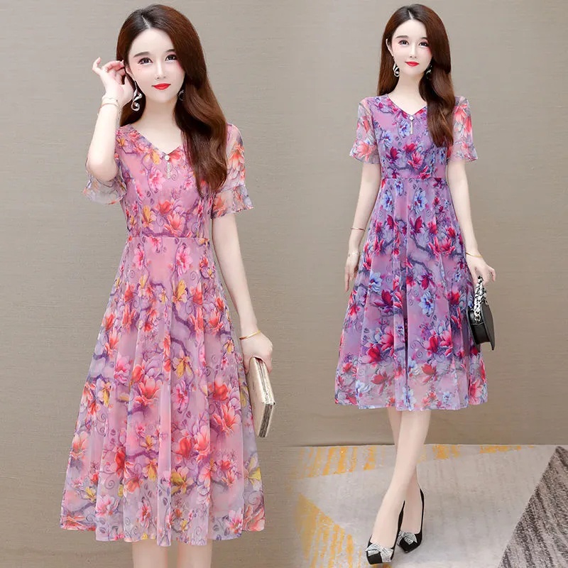 Đầm Chiffon Mỏng Tay Ngắn Che Bụng In Họa Tiết Kim Cương Phong Cách Phương Tây Thời Trang Mùa Hè Mới 2022 Cho Phụ Nữ Trung Niên