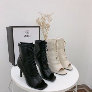 H(ẢNH THẬT) Boot Cổ Cao Mijili Gót Nhọn 9p Dây Buộc Da Mềm Êm Fullbox Cao Cấp