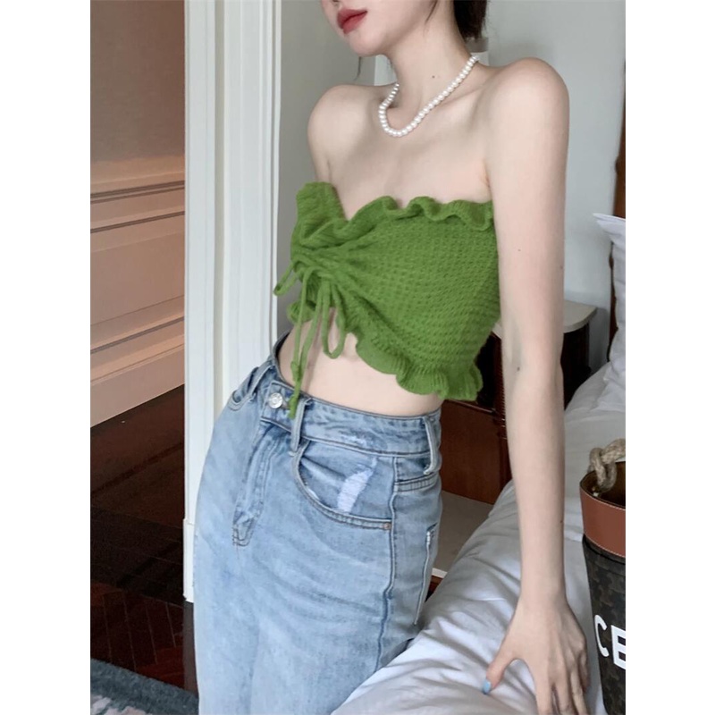 QADCOL  Áo Dệt Kim Hai Dây Dáng Ngắn Màu Xanh Lá Thời Trang Mùa Hè Hàng Mới Dành Cho Bạn Nữ
