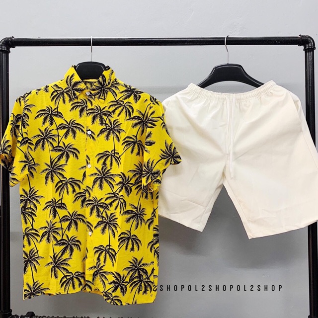 Áo sơ mi đũi hoa lá đi biển mặc nhóm - cây dừa vàng