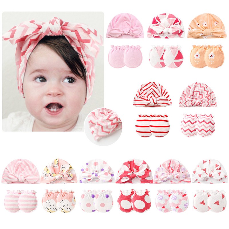 Set Găng Tay + Nón + Găng Tay Cotton Bảo Vệ Chống Trầy Xước Cho Bé