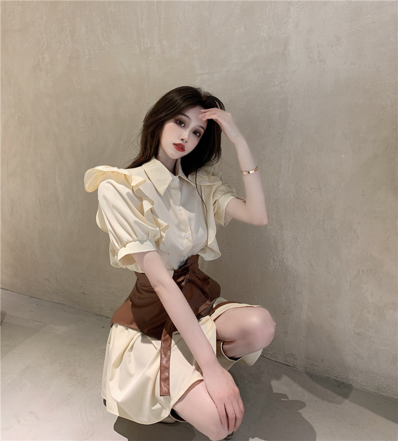 Váy sơ mi ngắn tay cao cấp phong cách cổ điển kèm thắt lưng da (Hàng Quảng Châu Có Sẵn) | BigBuy360 - bigbuy360.vn