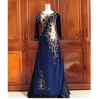 Áo dài xanh đen💥FREESHIP💥 Áo dài đính hoa ren vàng nhẹ nhàng