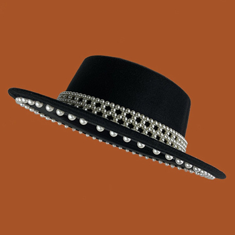Mũ Cao Bồi Đen Vành Phẳng Đính Ngọc Trai Giả Thanh Lịch Cho Dịp Halloween