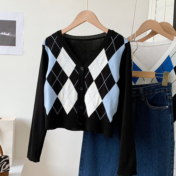 Áo cardigan nữ dệt kim cài nút tay dài cổ V họa tiết kẻ ô kim cương cổ điển