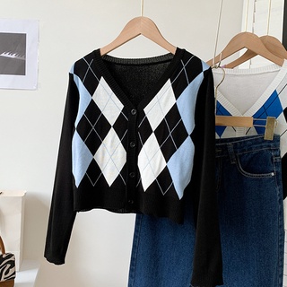 Áo cardigan nữ dệt kim cài nút tay dài cổ V họa tiết kẻ ô kim cương cổ điển