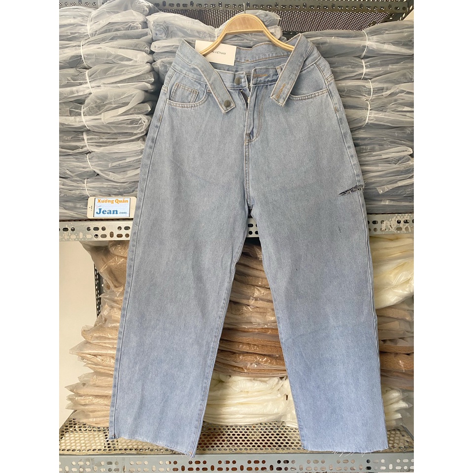 Quần Bò Nữ Simple Jeans Phối DÂY LƯNG Dáng Suông Ống Rộng Rách Gấu Phong Cách Ulzzang Cực Chất - 531