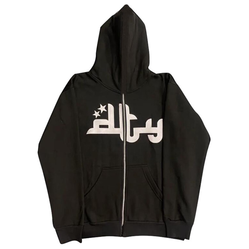 Áo Khoác Hoodie Dáng Rộng Có Khóa Kéo In Chữ Và Ngôi Sao Phong Cách Hip hop Đường Phố Cho Nam Và Nữ