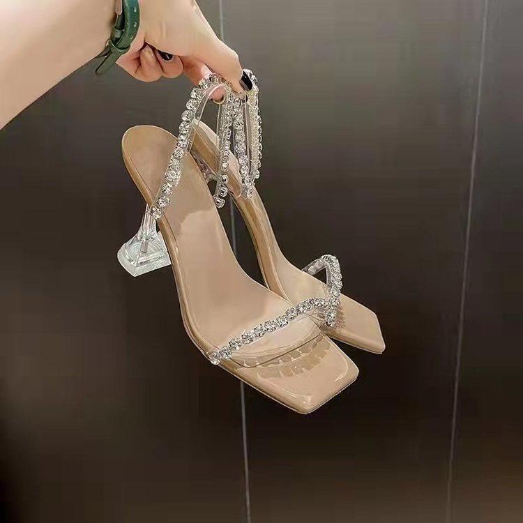 Guốc cao gót nữ 2 dây mica đính đá gót ly cao 9p, giày cao gót nữ 2 quai ngang đính đá sang chảnh đi tiệc cao 9p [m79]