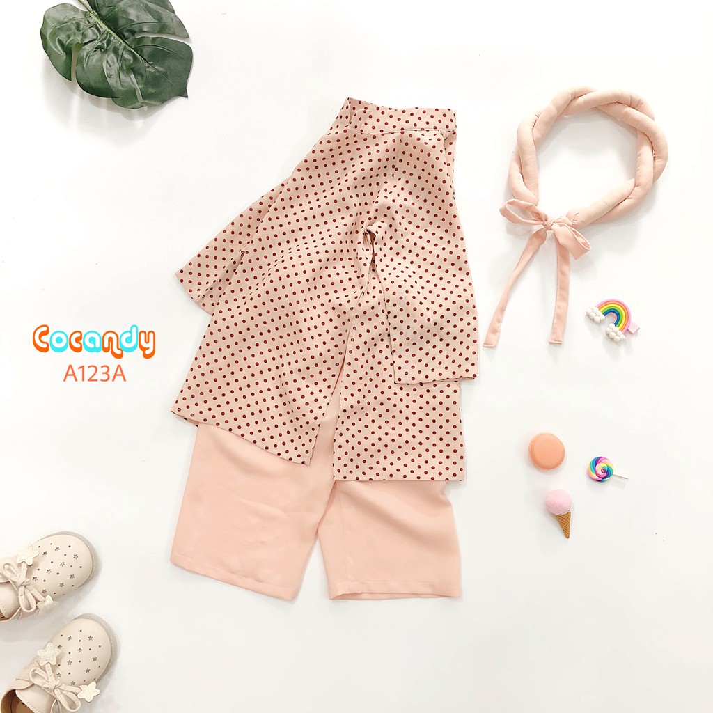 [Cocandy Official Store] Áo dài cách tân cho bé màu hồng họa tiết chấm bi tặng kèm mấn