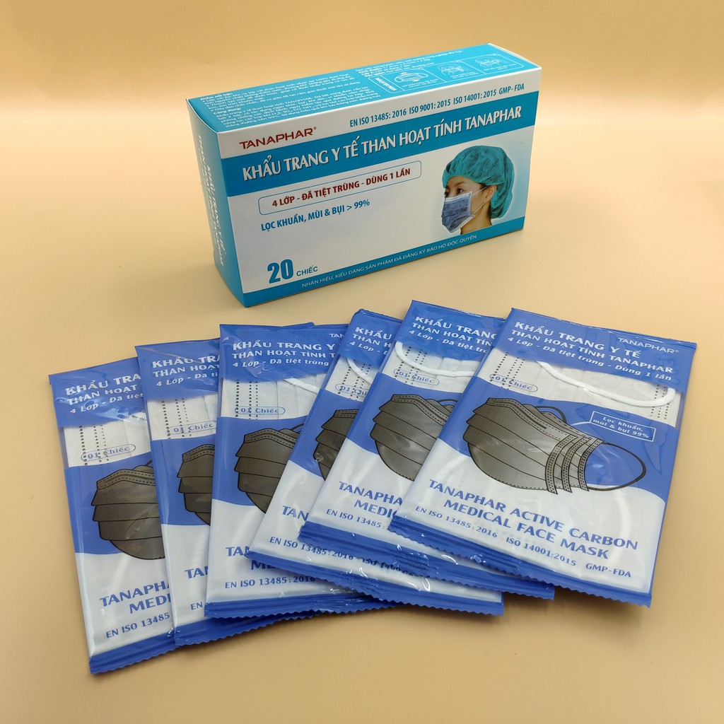 Khẩu trang y tế than hoạt tính Tanaphar 4 lớp - Hộp 20 chiếc tiệt trùng | BigBuy360 - bigbuy360.vn