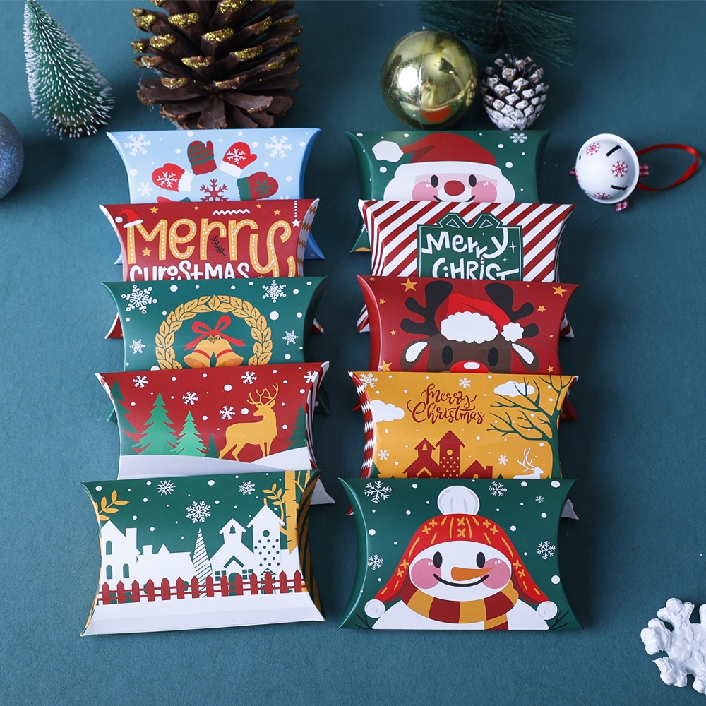 Set 10 Hộp Giấy Đựng Bánh Kẹo Hình Gối Phong Cách Giáng Sinh