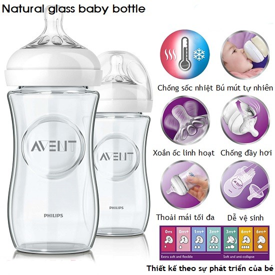 Bình sữa thủy tinh Philips Avent Natural 125ml/240ml (Được chọn núm 0-5)