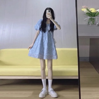 [váy babydoll] Đầm Công Chúa Cổ Vuông Tay Phồng Màu Xanh Dương Thời Trang Mùa Hè Hàng Mới 2022 Dành Cho Bạn Nữ