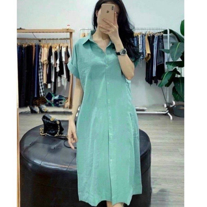 Váy suông cổ sơ mi đầm suông form rộng ngắn tay chất đũi xước mềm mát thoải mái PANOSI - V90