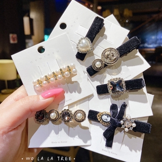 Kẹp tóc vải nhung đính ngọc trai giả phong cách cổ điển Hàn Quốc