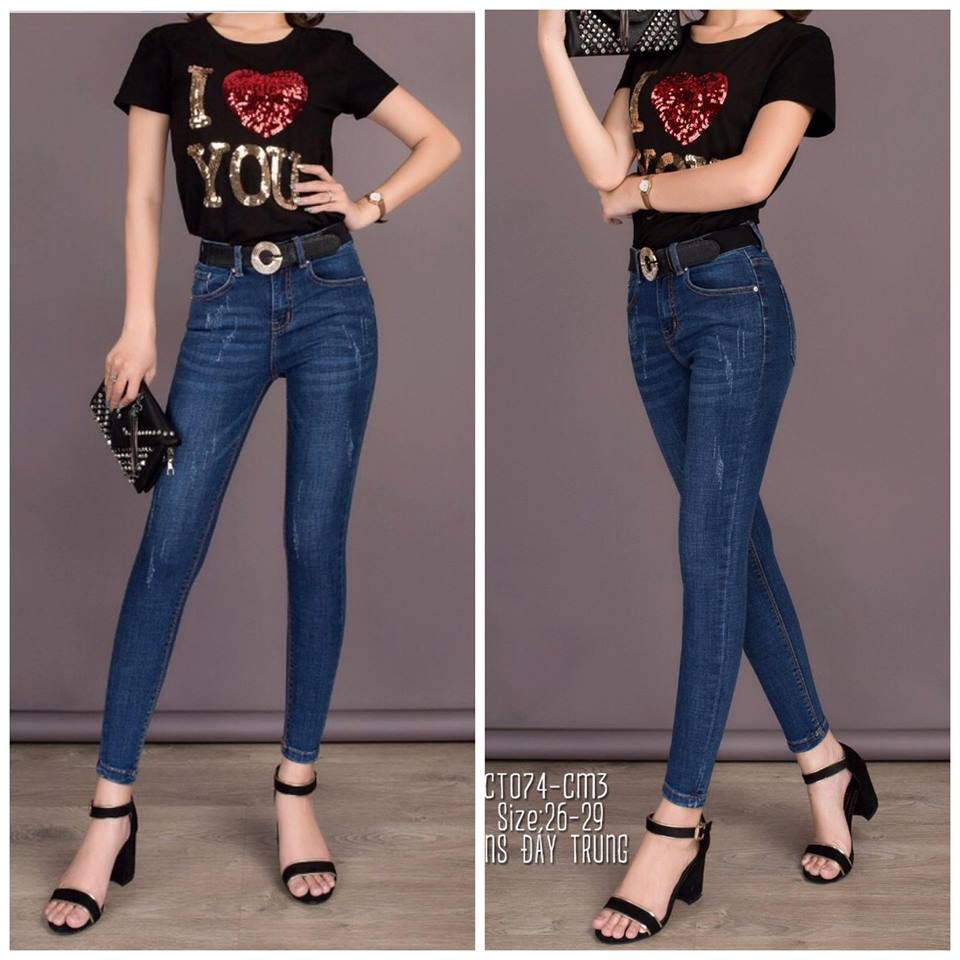 Quần jean nữ màu xanh đậm cào xước, lưng cao dành cho BigSize 60kg đến 90kg 4088Đậm