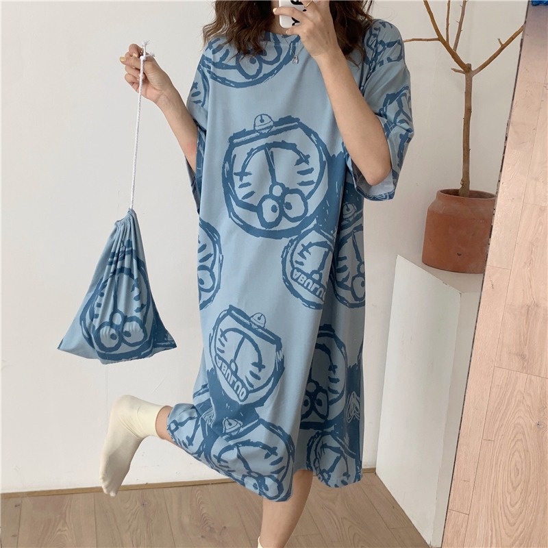 Váy ngủ cộc tay đầm ngủ dáng suông chất cotton mềm mát họa tiết hoạt hình dễ thương P3-H