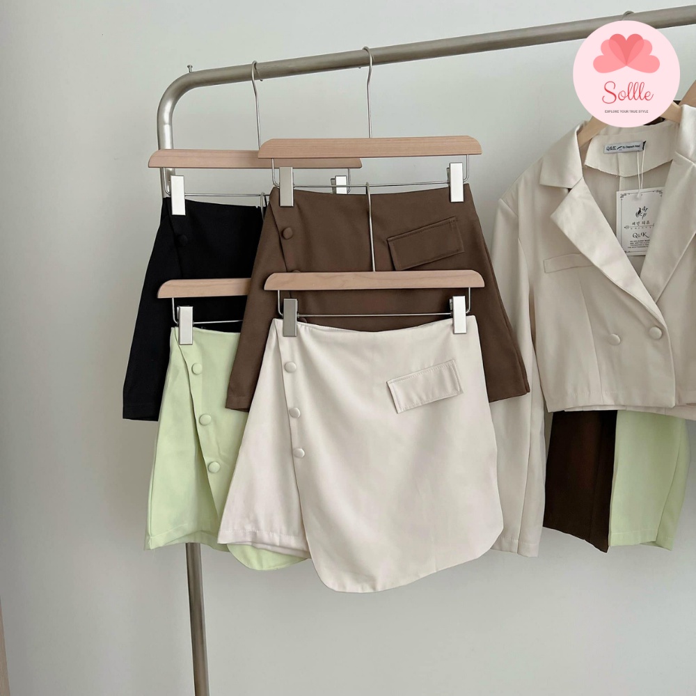 Set đồ nữ áo blazer dáng ngắn đệm vai cúc bọc kèm quần giả váy vạt xéo nhiều màu Sollle