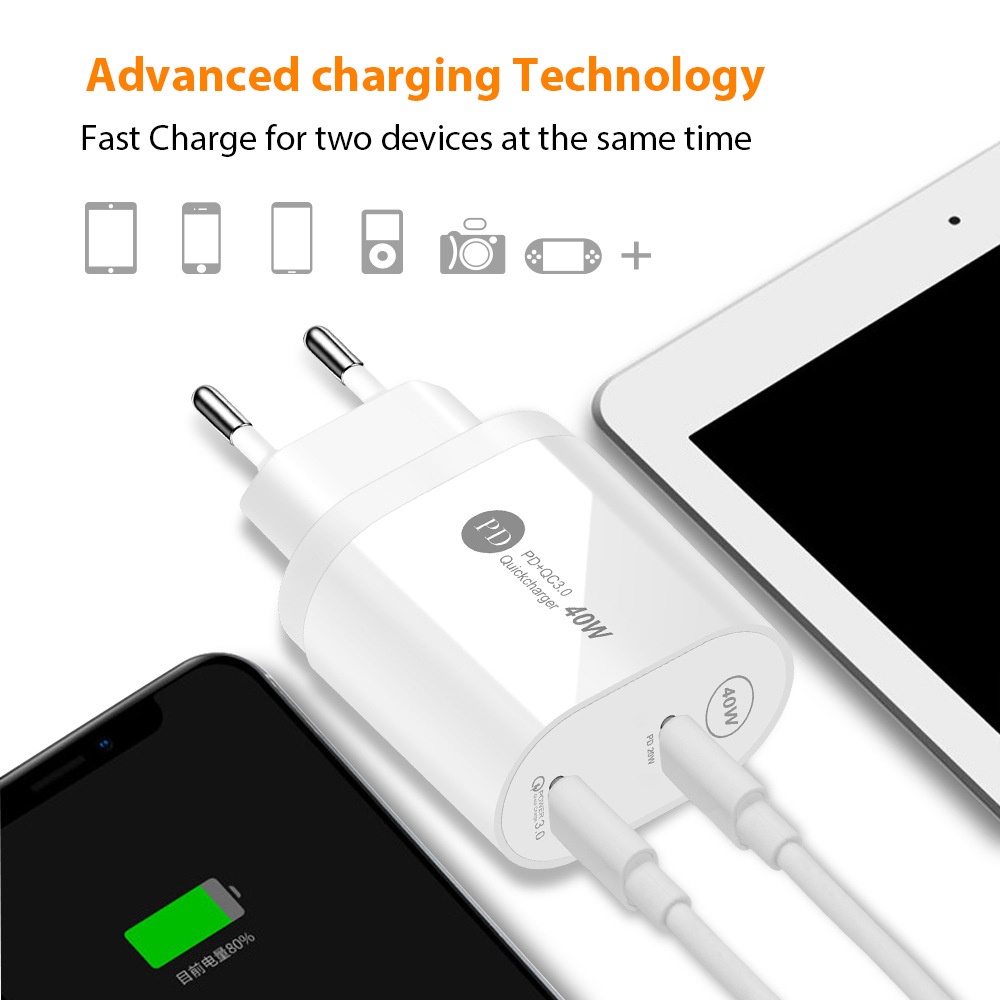 Bộ SạC Nhanh 40W PD 2 CổNg QC3.0 DàNh Cho Xiaomi Sumsung